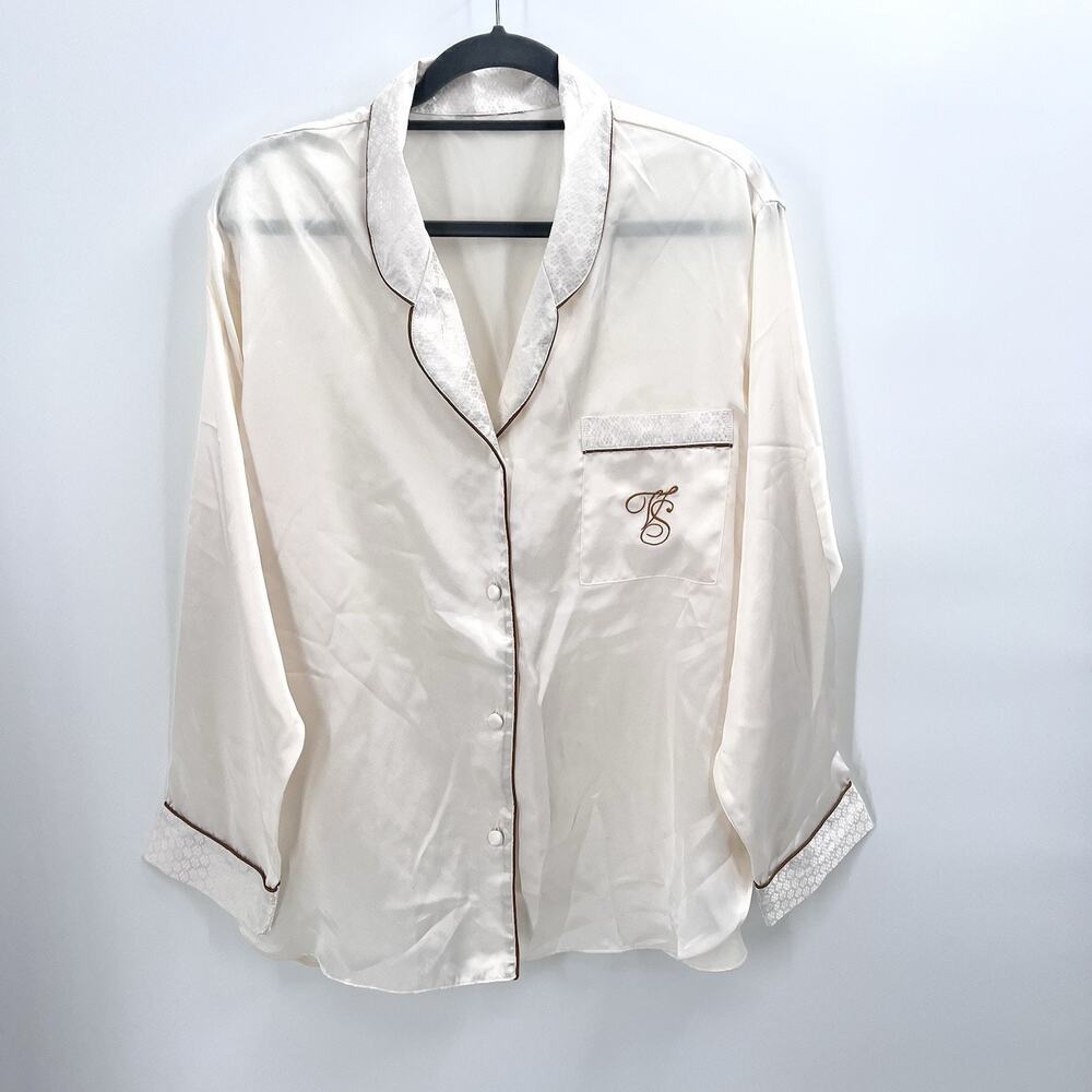 VTG Victoria's Secret Gold Label Cream Button Down Satin Pajama Top VS Logo XL